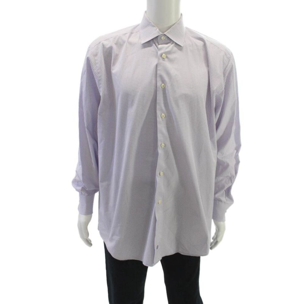 David Donahue Mens Geometric Print Button Down Shirt Purple Size 35